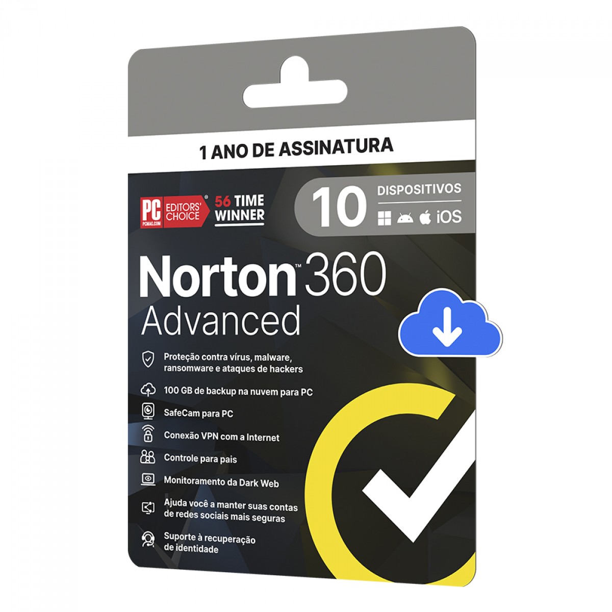 Antivírus Norton 360 Advanced, 10 Dispositivos, 12 Meses, Digital para Download, 21443248