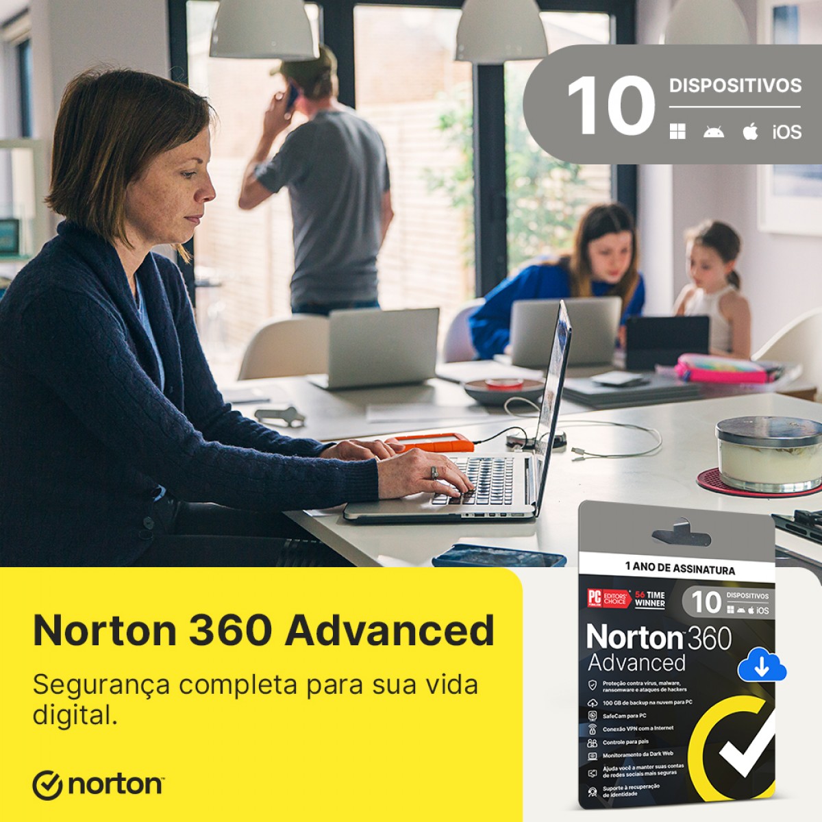 Antivírus Norton 360 Advanced, 10 Dispositivos, 12 Meses, Digital para Download, 21443248