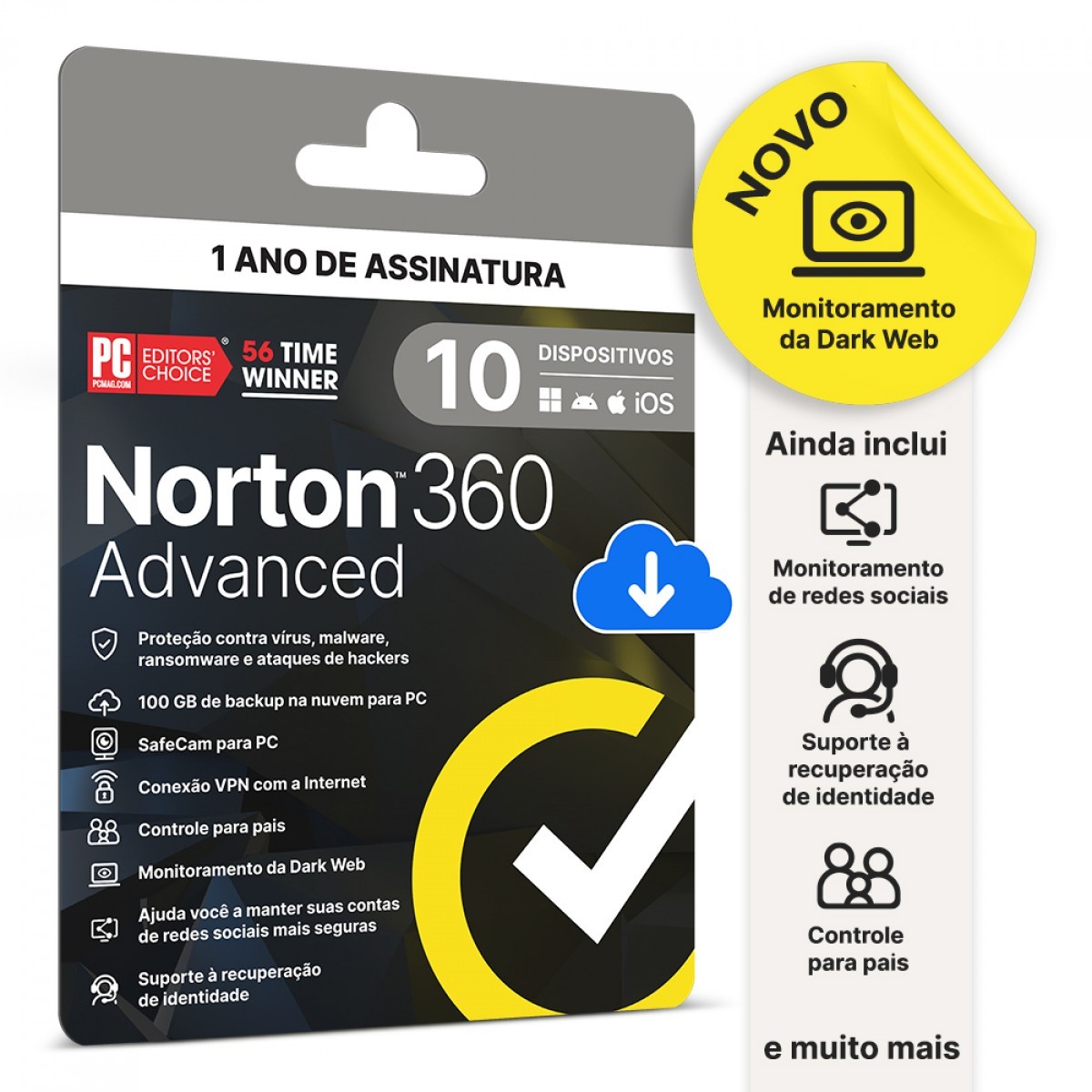 Antivírus Norton 360 Advanced, 10 Dispositivos, 12 Meses, Digital para Download, 21447601