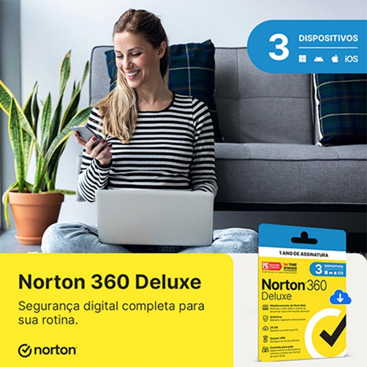 Antivírus Norton 360 Deluxe, 3 Dispositivos, 12 Meses, Digital para Download, 21411754