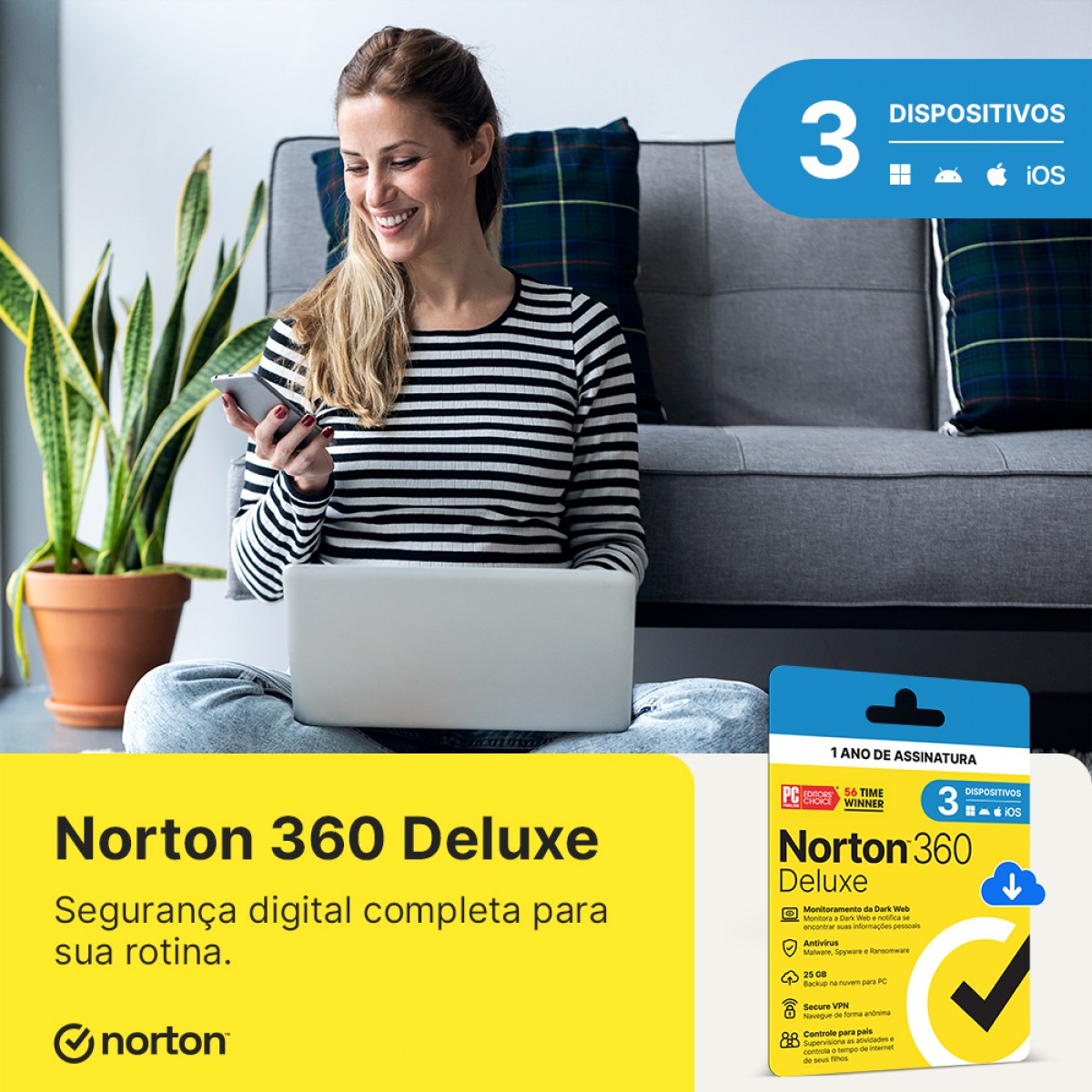 Antivírus Norton 360 Deluxe, 3 Dispositivos, 12 Meses ESD, Digital para Download, 21405649