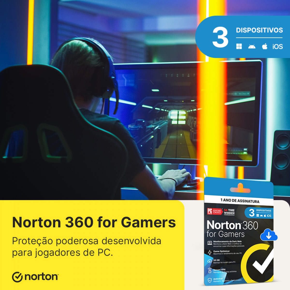 Antivírus Norton 360 For Gamers, 3 Dispositivos, 12 Meses, Digital para Download, 21430713