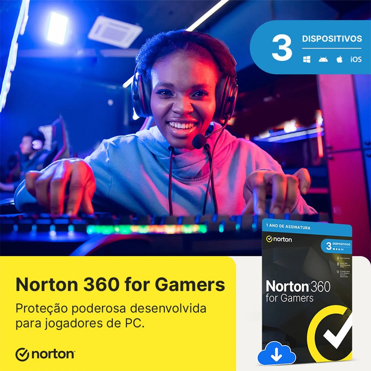 Antivírus Norton 360 Gamers, 3 Dispositivos, 12 Meses ESD, Digital para Download, 21415189