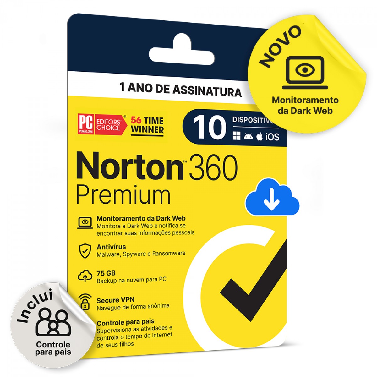 Antivírus Norton 360 Premium, 10 Dispositivos, 12 Meses, Digital para Download, 21430780