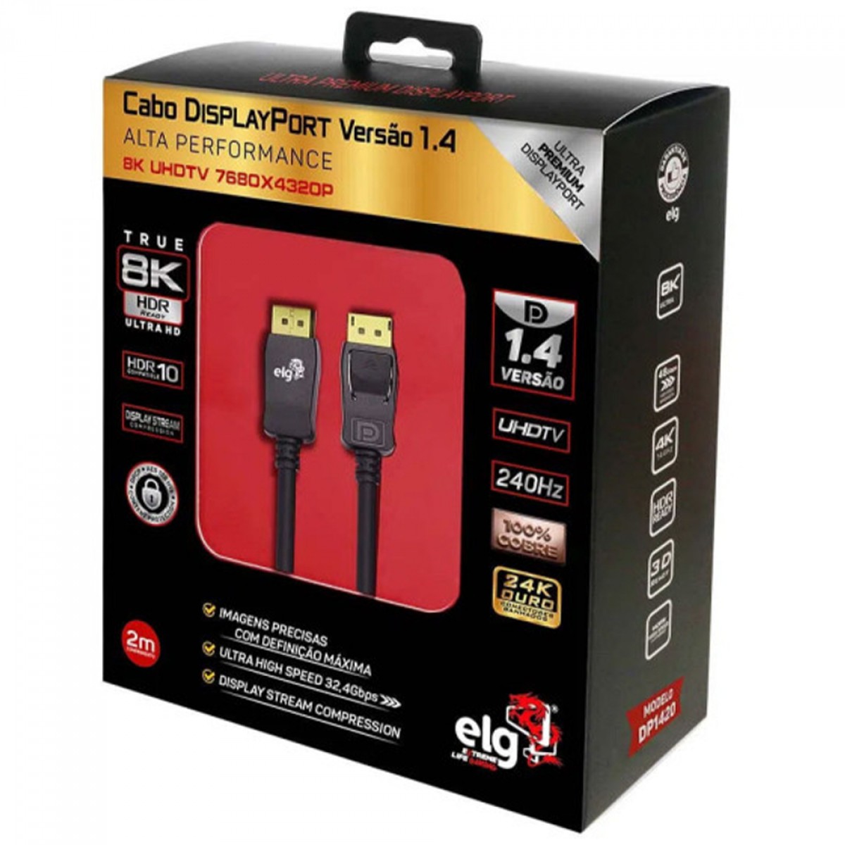 Cabo DisplayPort 1.4 ELG, 8K, 2m, Preto, DP1420