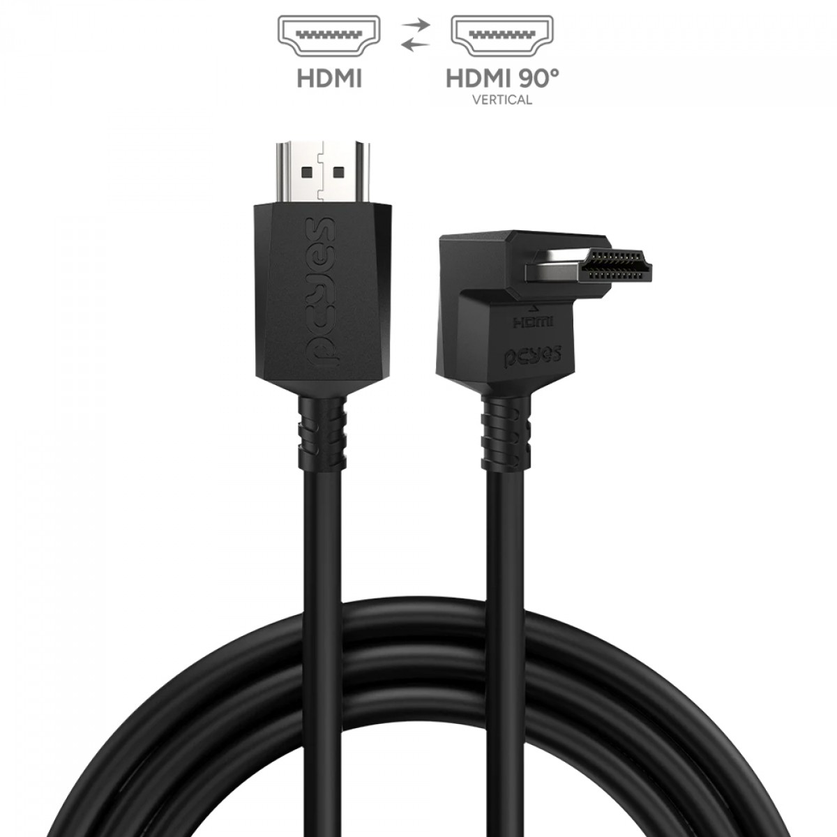 Cabo HDMI 2.0 PCYes, 4K 60Hz, 3D, Com Conector 90º Vertical, 2 Metros, PH20-2V-B