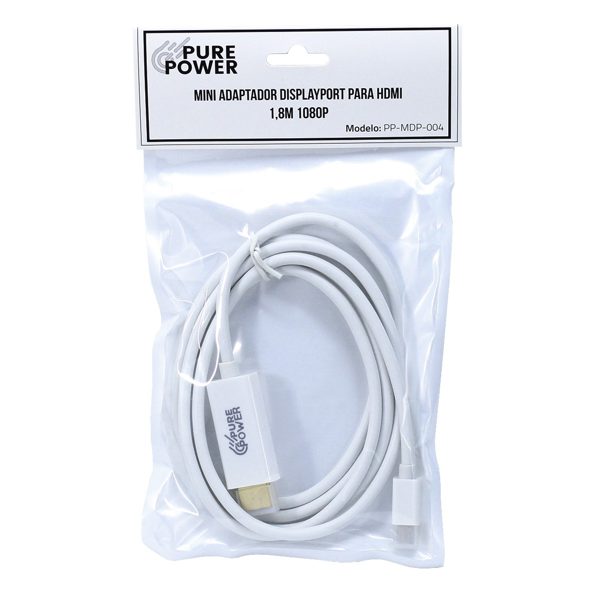 Cabo Mini DisplayPort para HDMI, 1,8m, 1080P, Pure Power, Branco, PP-MDP-004