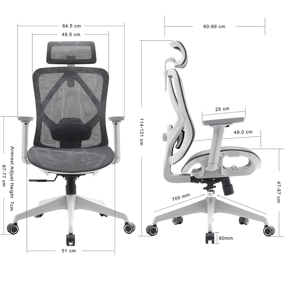 Cadeira de Escritório Dr. Office Ergo, Mesh, 3D, Altura Ajustável, Branco e Cinza, DR-CH-EGR3DWGF