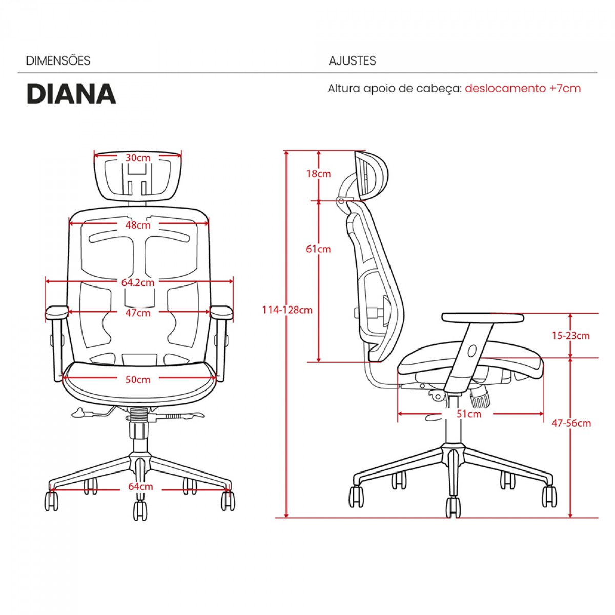 Cadeira De Escritório DT3 Diana V2, Ajustável, Ergonômica, 3D, Mesh, Preta, 11726-7
