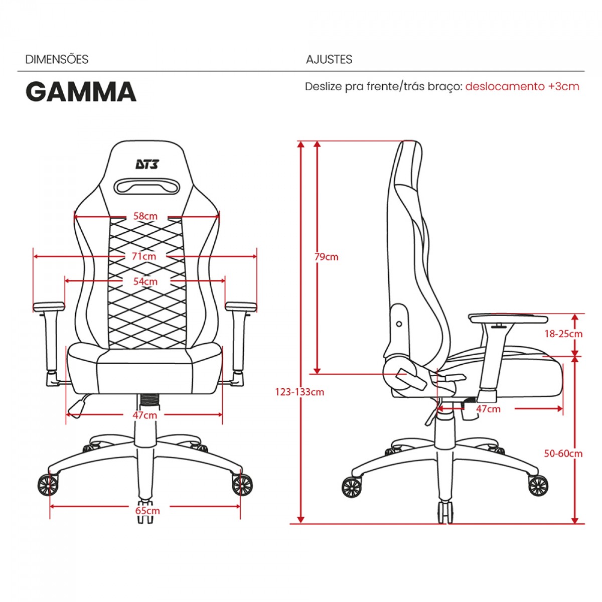 Cadeira Gamer DT3 Gamma V2, Ajustável, PU, 3D, Preto, 13516-6