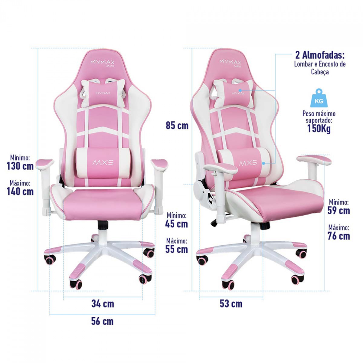 Cadeira Gamer MyMax MX5, Ajustável, 2D, Branco e Rosa, MGCH-MX5/PK