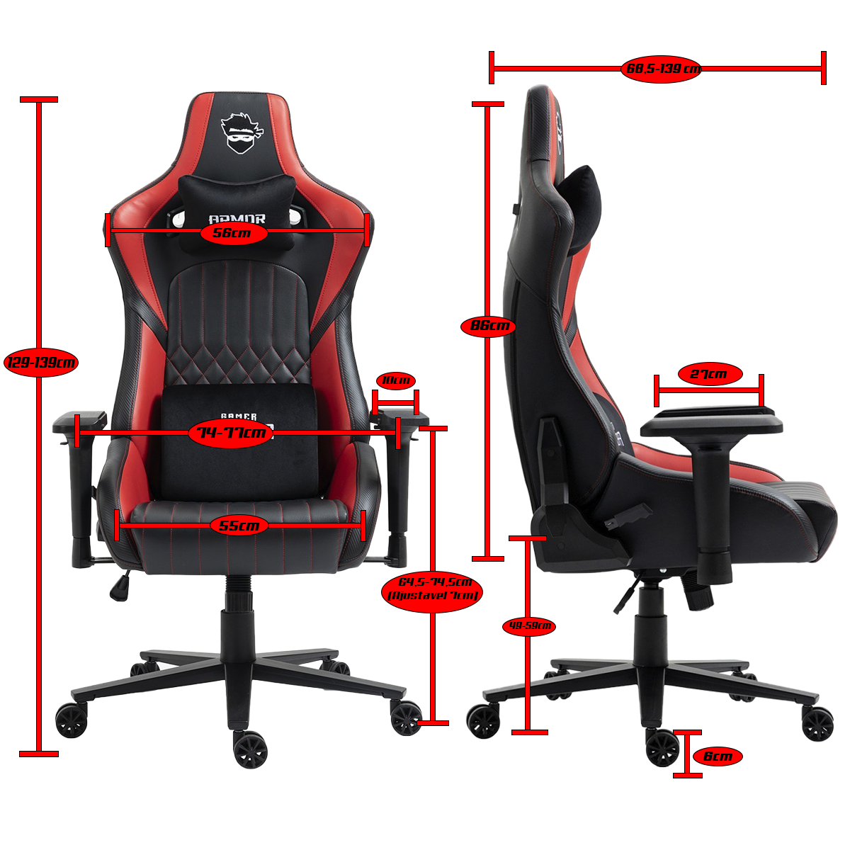 Cadeira Gamer Ninja Armor, Reclinável, 4D, Preto E Vermelho, CGN-ARMOR-PV