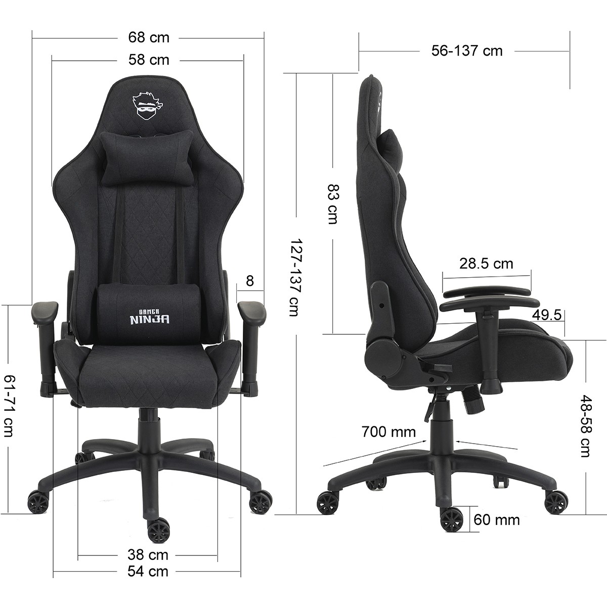 Cadeira Gamer Ninja Karasu, Reclinável, 2D, Tecido, Preta, GN-CH-KRR2DBF