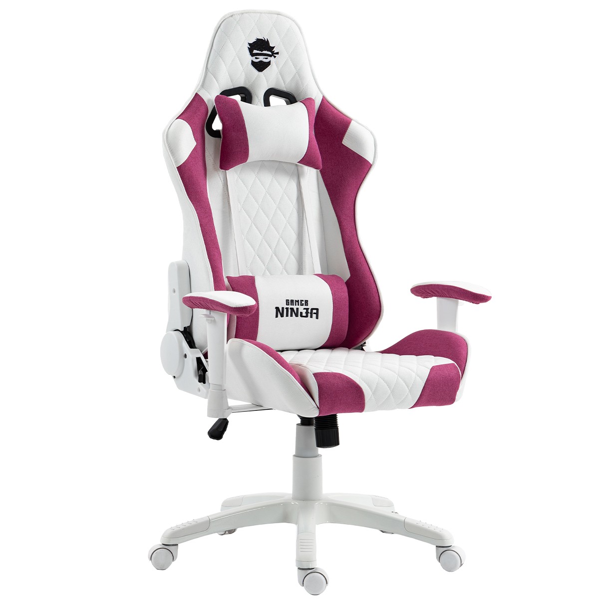 Cadeira Gamer Ninja Kitsune, Reclinável, 2D, Tecido, Branco e Rosa, GN-CH-KTR2DWPF