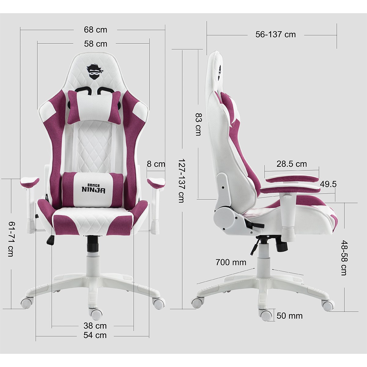 Cadeira Gamer Ninja Kitsune, Reclinável, 2D, Tecido, Branco e Rosa, GN-CH-KTR2DWPF
