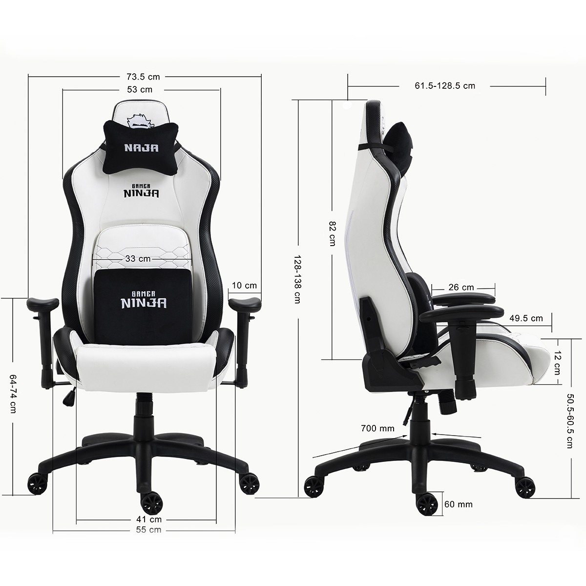 Cadeira Gamer Ninja Naja, Reclinável, Branco e Preto