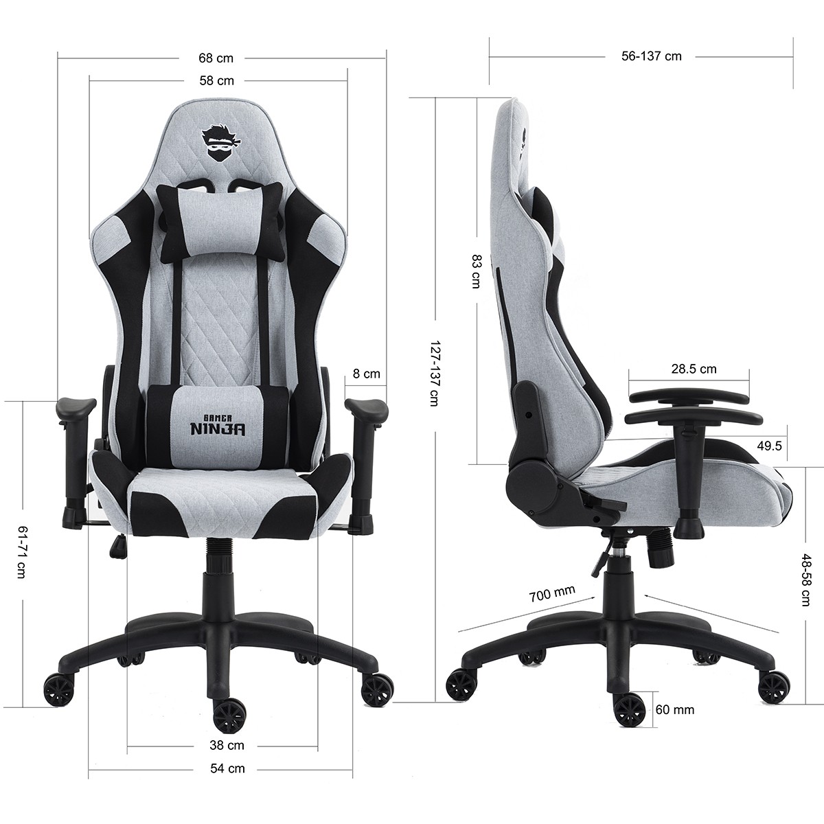 Cadeira Gamer Ninja Yurei, Reclinável, 2D, Tecido, Cinza e Preta, GN-CH-YRR2DGBF
