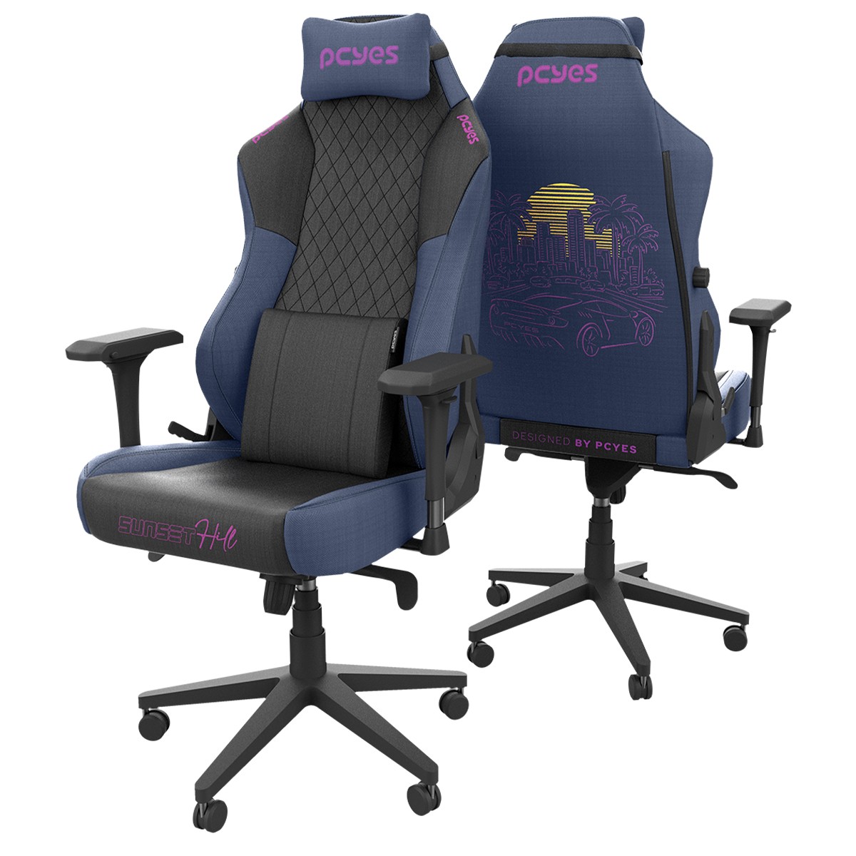 Cadeira Gamer PCYes Ultimate Sunset Hill, Tecido, Ajustável, Reclinável, 4D, Azul e Preto, PCGU-SH