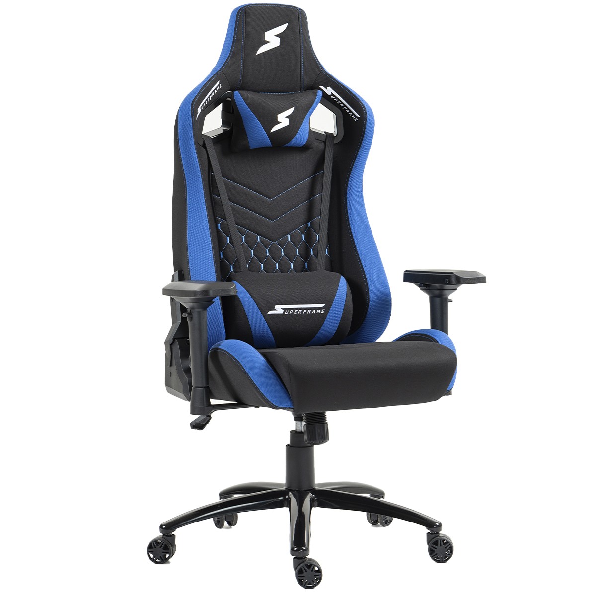 Cadeira Gamer SuperFrame Cleric, Reclinável, 4D, Tecido, Preta e Azul, SF-CH-CRR4DBBF