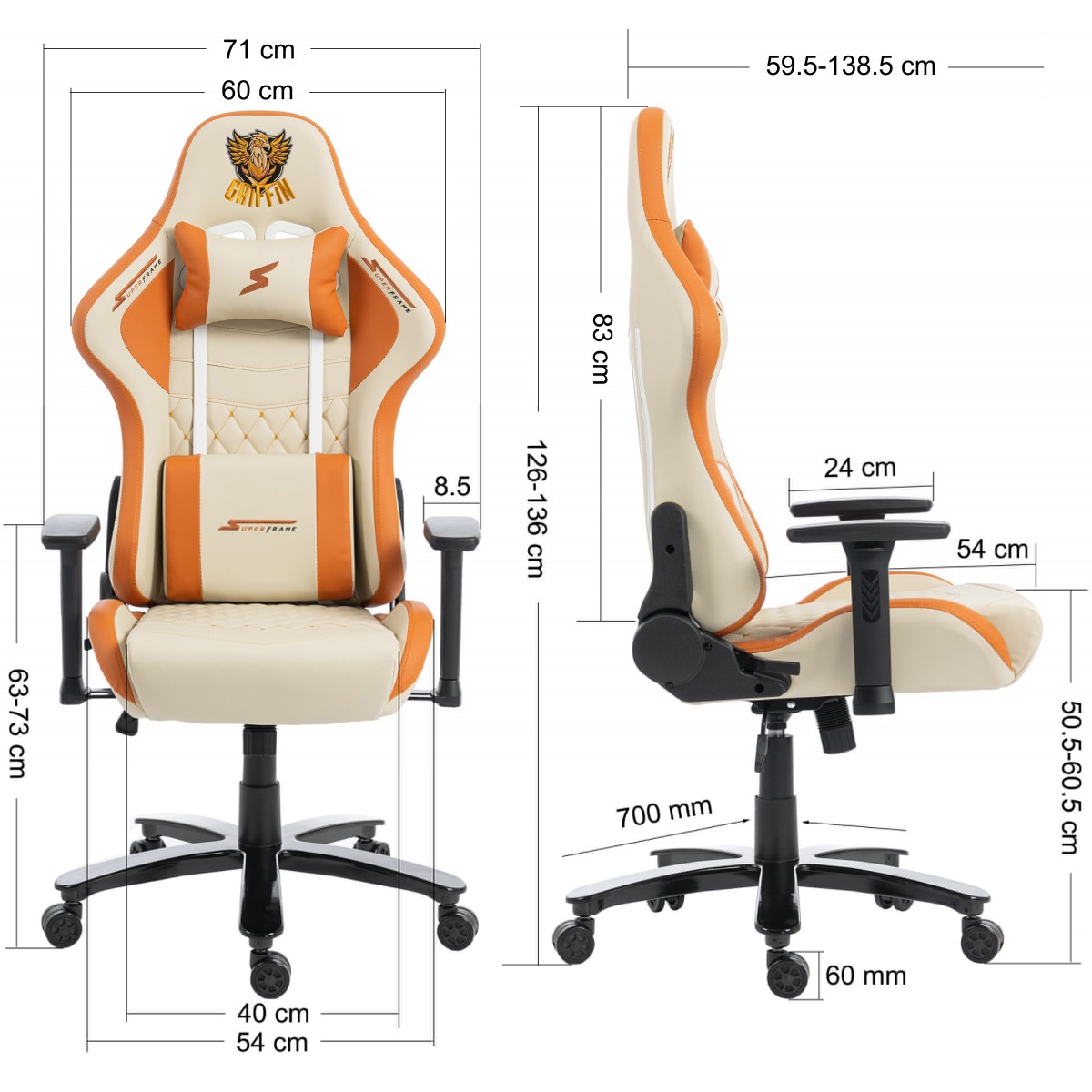 Cadeira Gamer SuperFrame Griffin, Reclinável, 3D, Creme e Laranja, SF-CH-GFR3DWOL