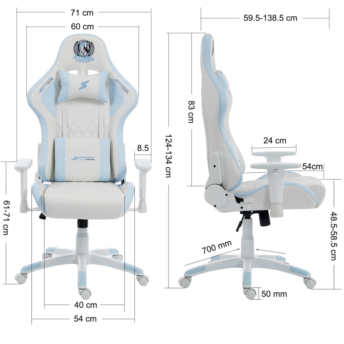Cadeira Gamer SuperFrame Pegasus, Reclinável, 2D, Branco e Azul, SF-CH-PGR2DWBL
