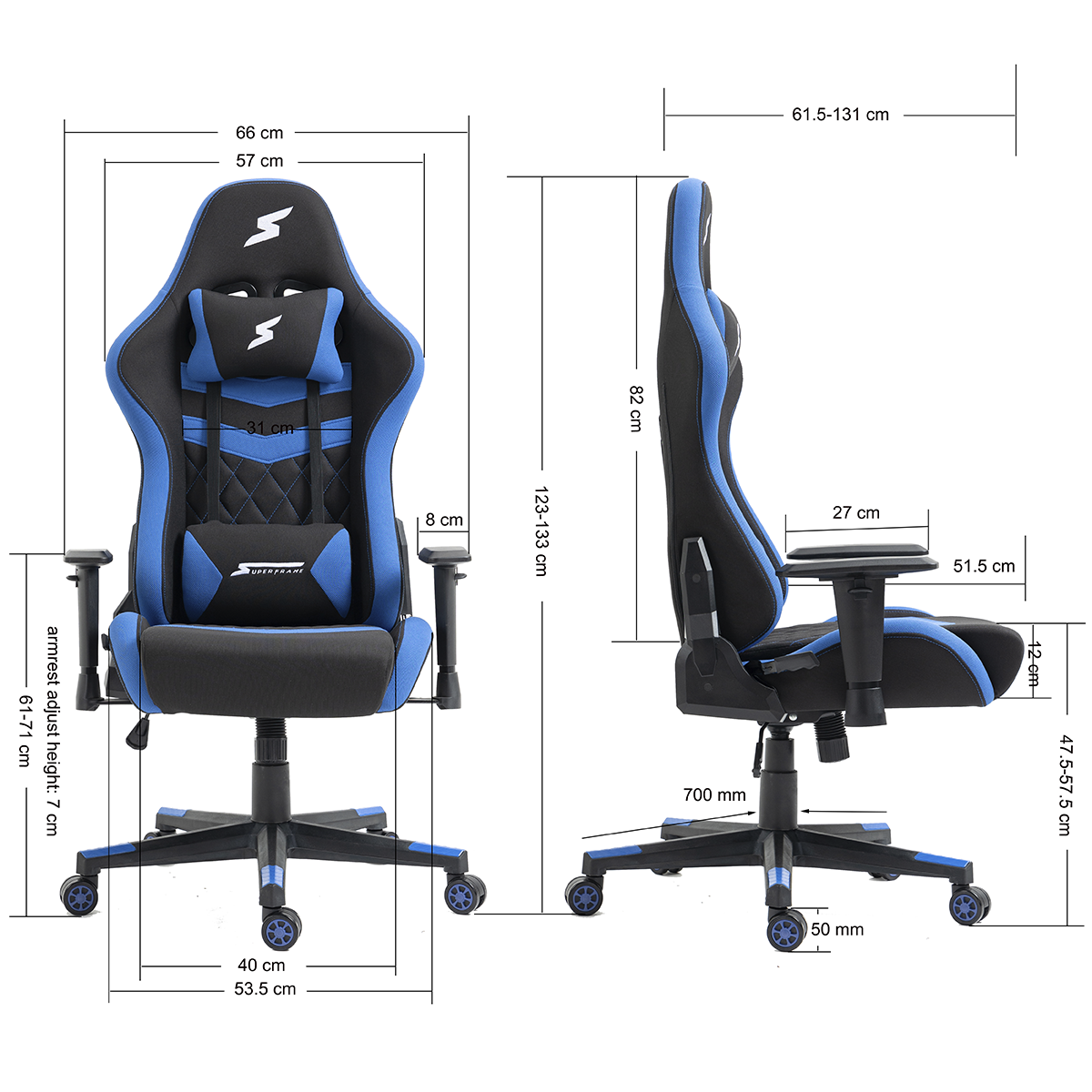 Cadeira Gamer SuperFrame Sport, Reclinável, 2D, Preta e Azul