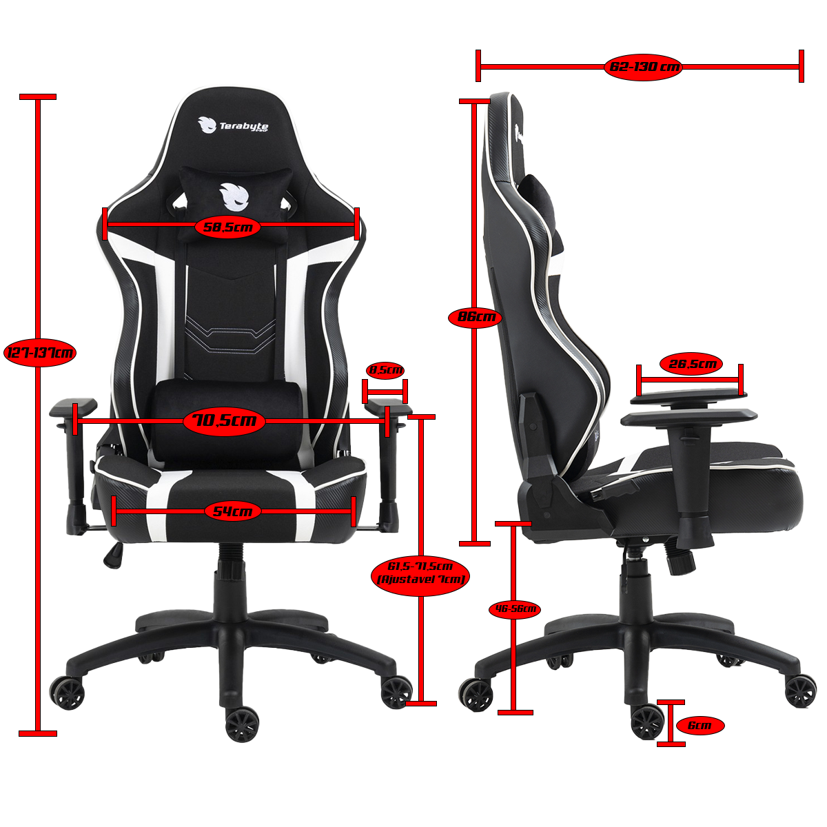 Cadeira Gamer Terabyte Vision, Reclinável, 2D, Preto e Branco