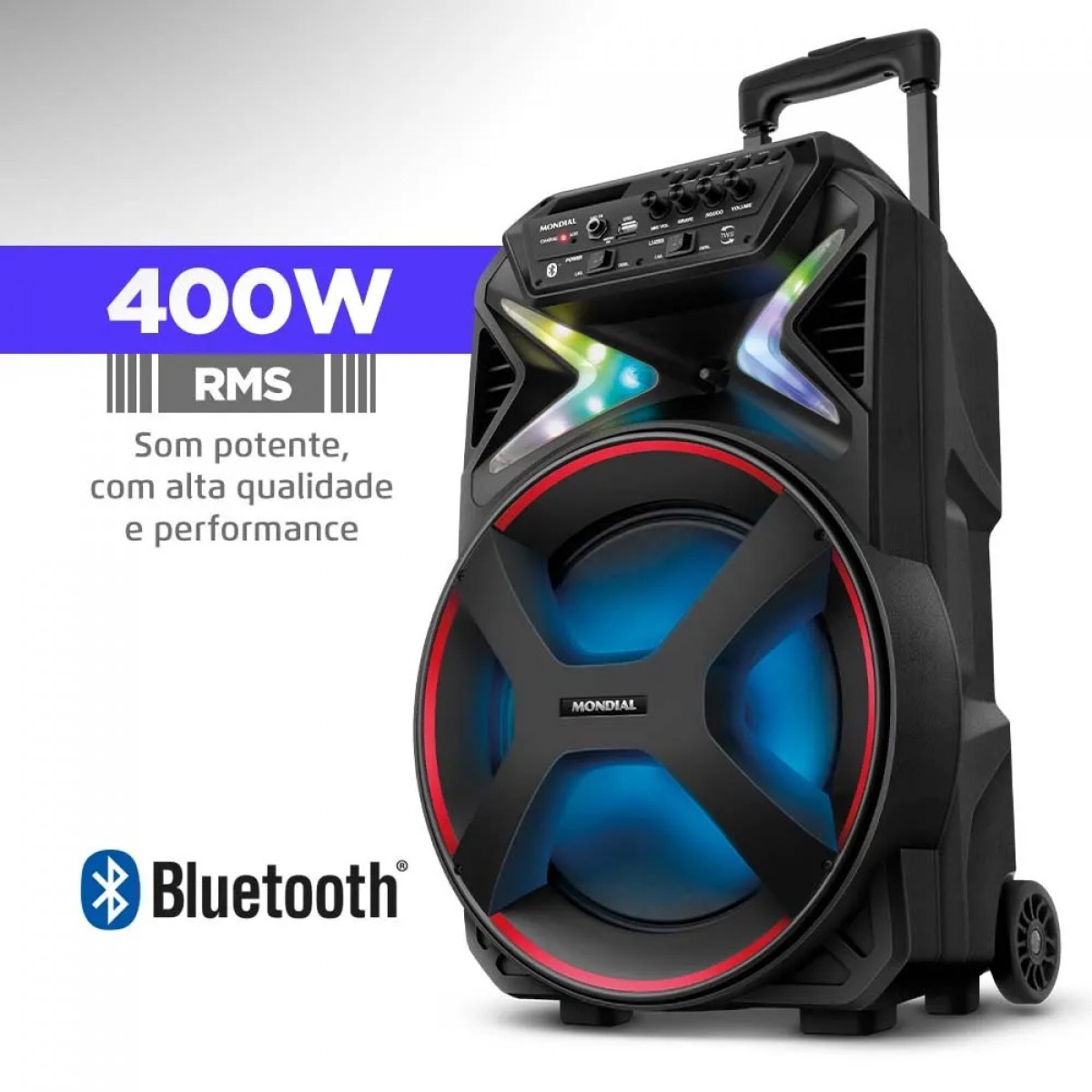 Caixa de Som Amplificada Mondial Connect Lights, Bluetooth, 400W, Múltiplas Conexões, Preto, CM-400