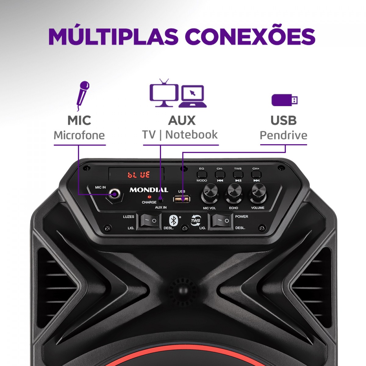 Caixa de Som Amplificada Mondial Connect Partyplus, Bluetooth, 250W, Múltiplas Conexões, Preto, CM-250