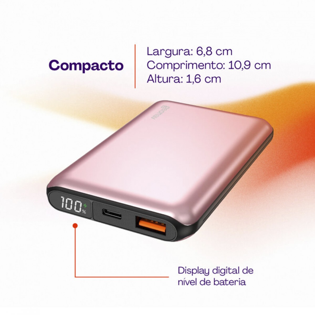Carregador Portátil Universal, PowerBank, 10000MAH, 20W, Rosa Dourado, Geonav, PB10K20WRG