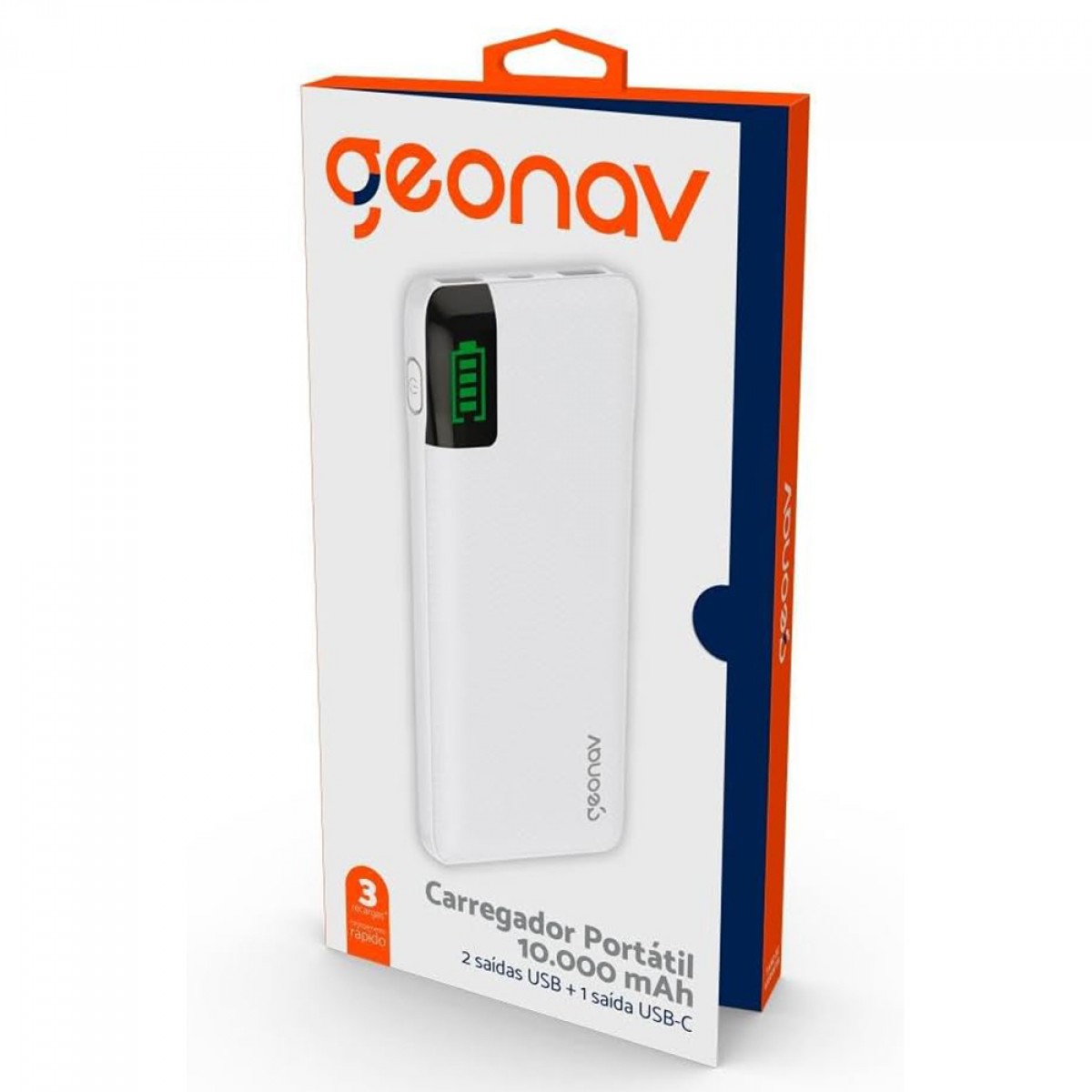 Carregador Portátil Universal, PowerBank, 10000MAH, Branco, Geonav, PB10KWT