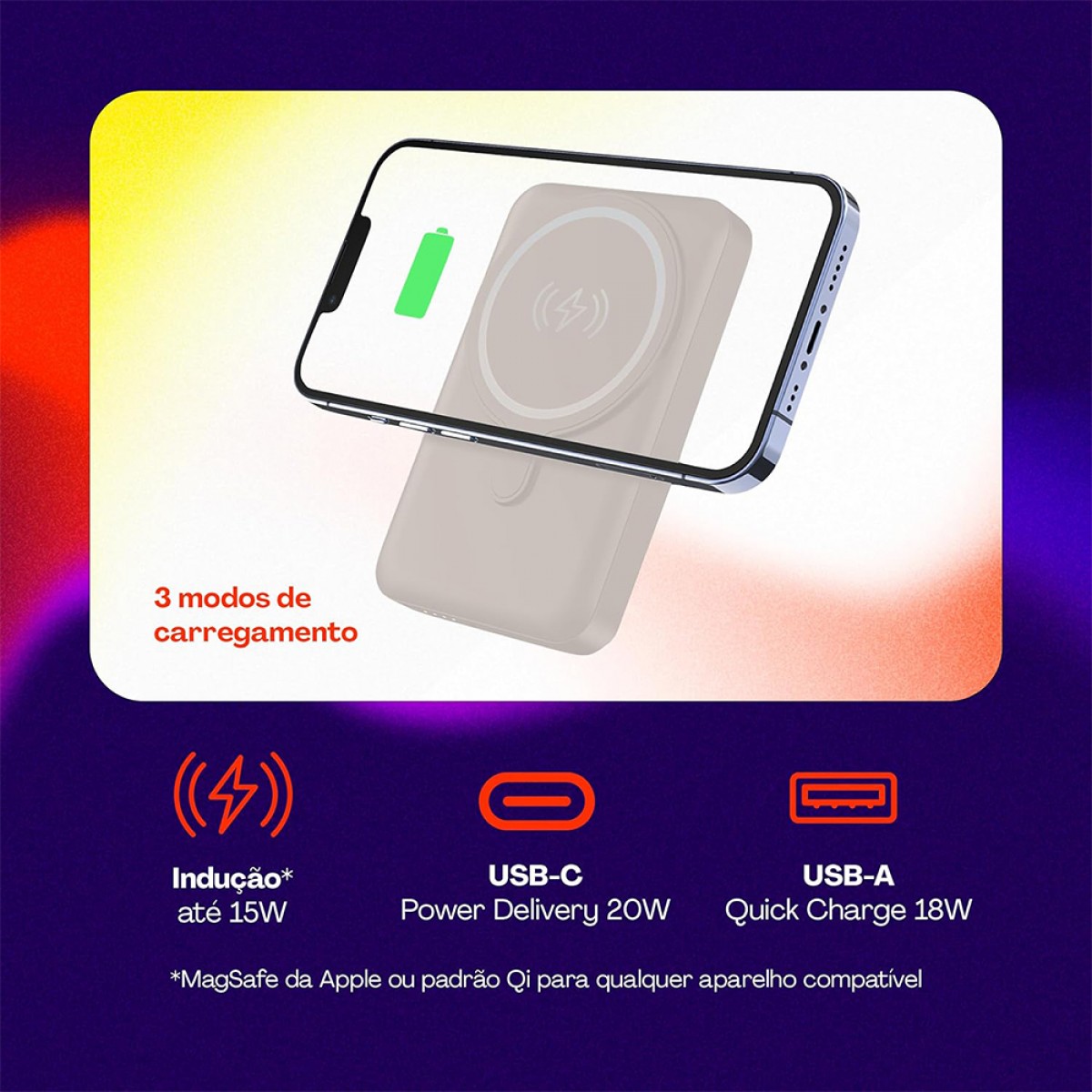 Carregador Portátil Universal, PowerBank, 10000MAH, Com Indução, Off White, Geonav, PB10MAGOW