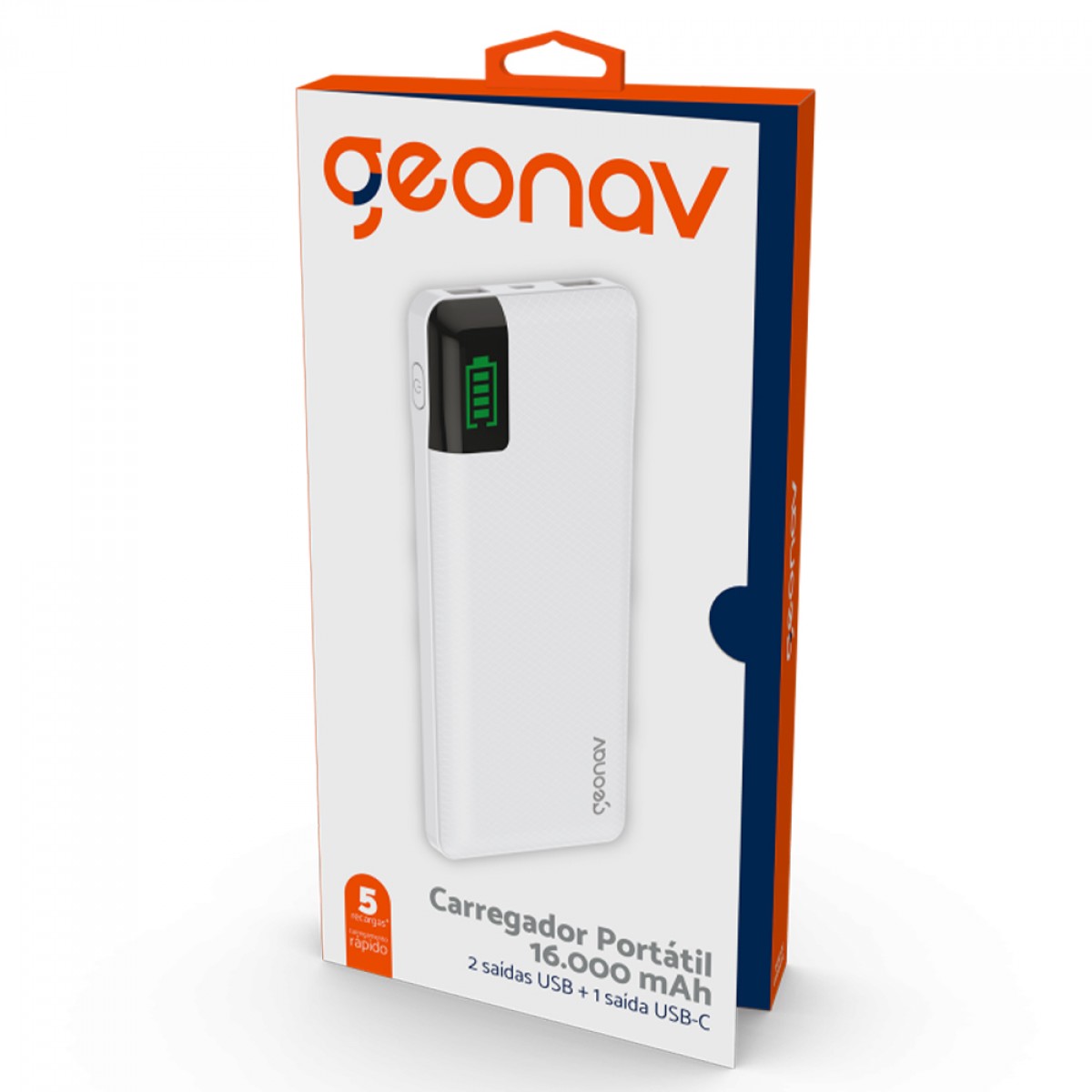 Carregador Portátil Universal, PowerBank, 16000MAH, Branco, Geonav, PB16KWT