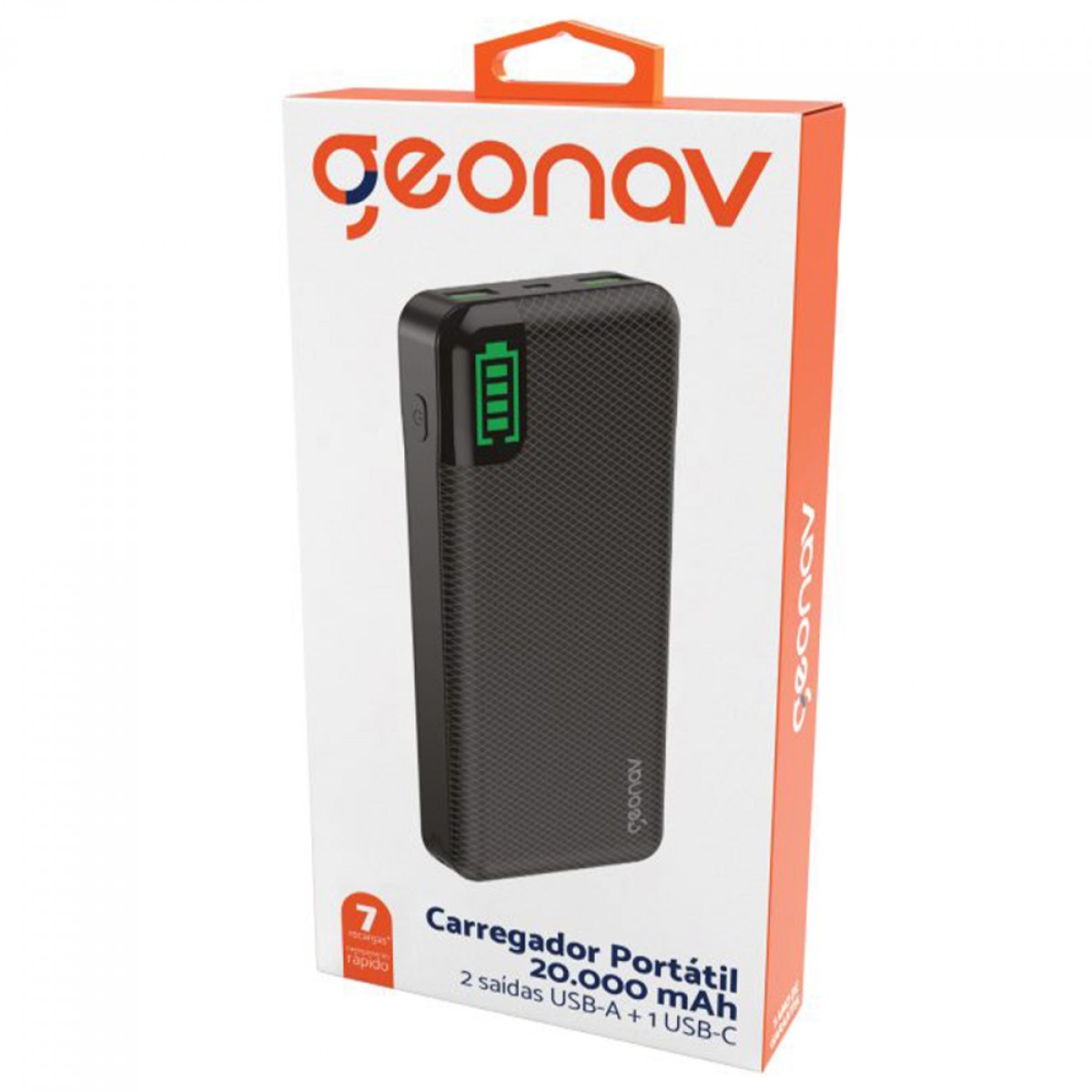 Carregador Portátil Universal, PowerBank, 20000MAH, Preto, Geonav, PB20KBK