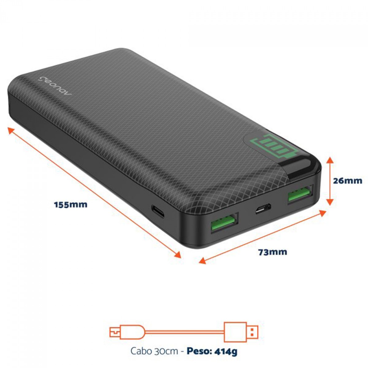 Carregador Portátil Universal, PowerBank, 20000MAH, Preto, Geonav, PB20KBK