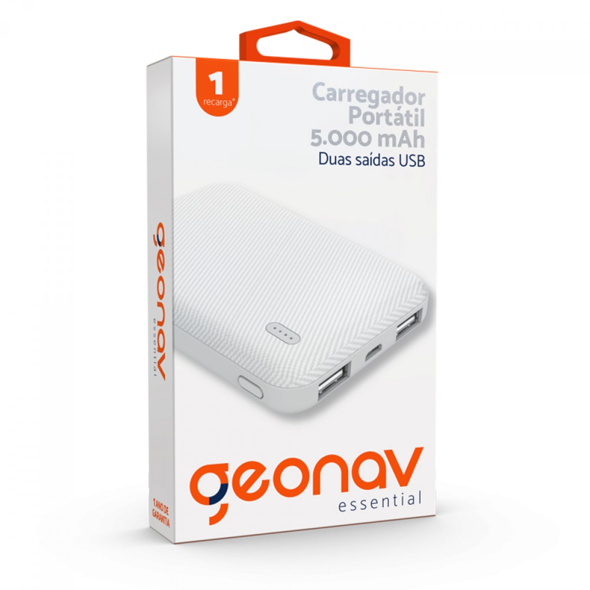 Carregador Portátil Universal, PowerBank, 5000MAH, Branco, Geonav, ES5KWT