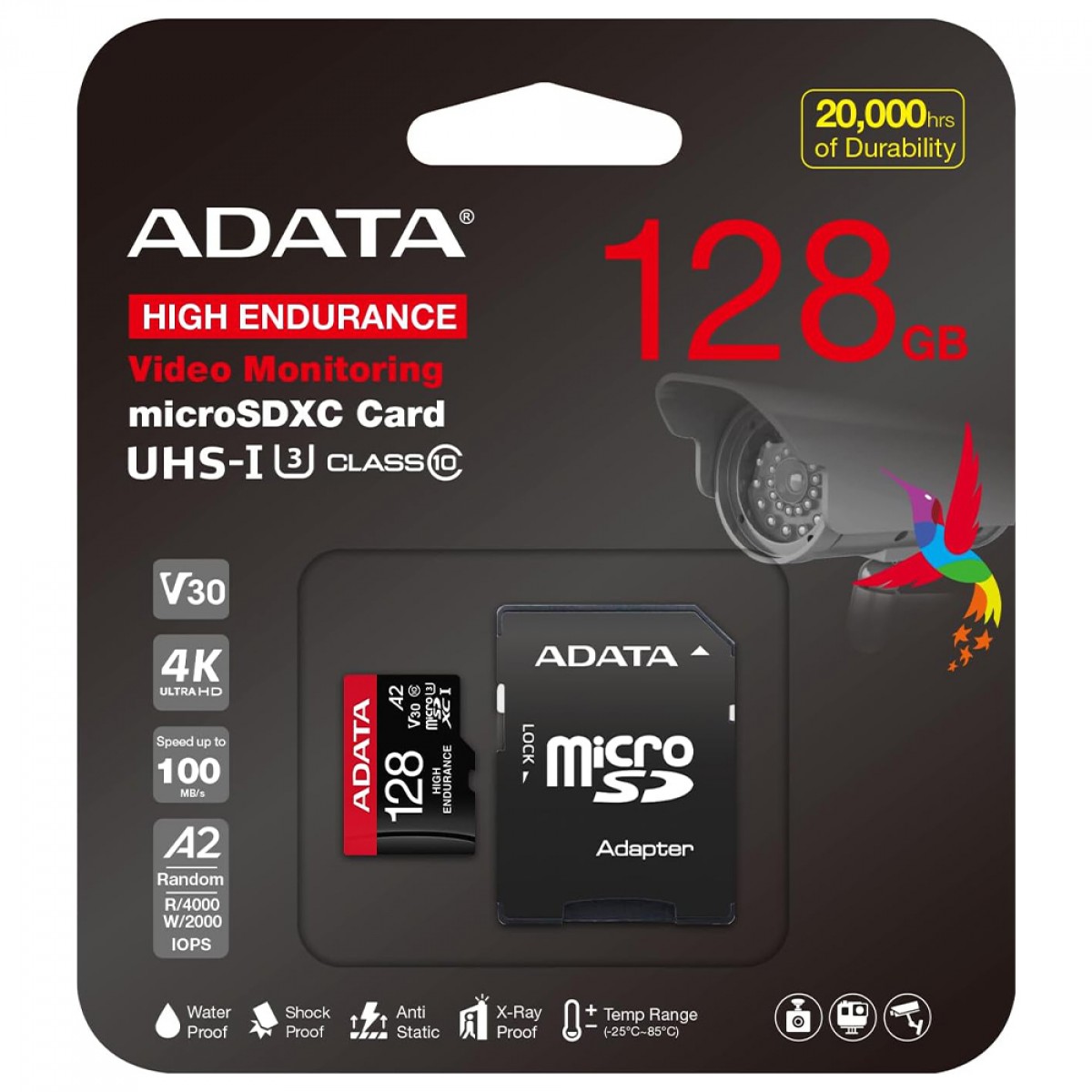 Cartão De Memória Adata High Endurance MicroSDXC/SDHC UHS-I, 128GB, Classe 10, Com Adaptador, AUSDX128GUI3V30SHA2-RA1