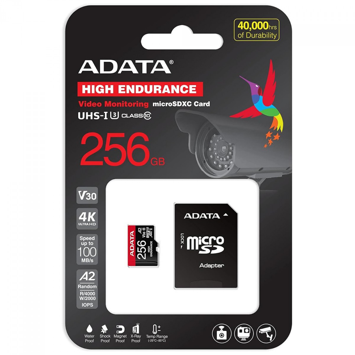 Cartão De Memória Adata High Endurance MicroSDXC/SDHC UHS-I, 256GB, Classe 10, Com Adaptador, AUSDX256GUI3V30SHA2-RA1