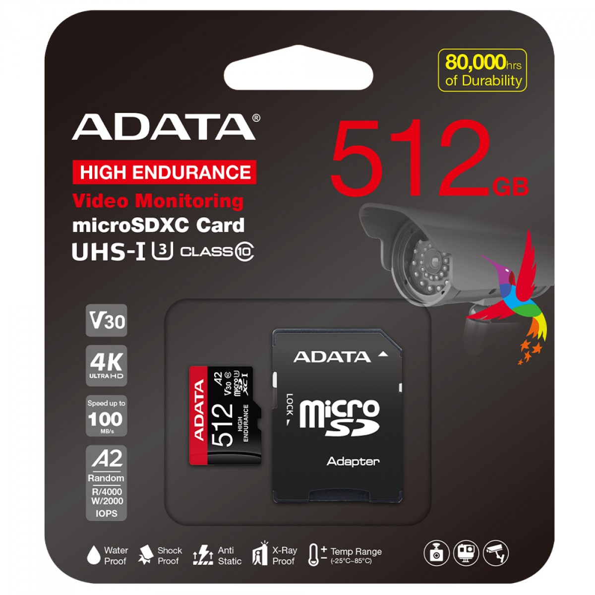 Cartão De Memória Adata High Endurance MicroSDXC/SDHC UHS-I, 512GB, Classe 10, Com Adaptador, AUSDX512GUI3V30SHA2-RA1