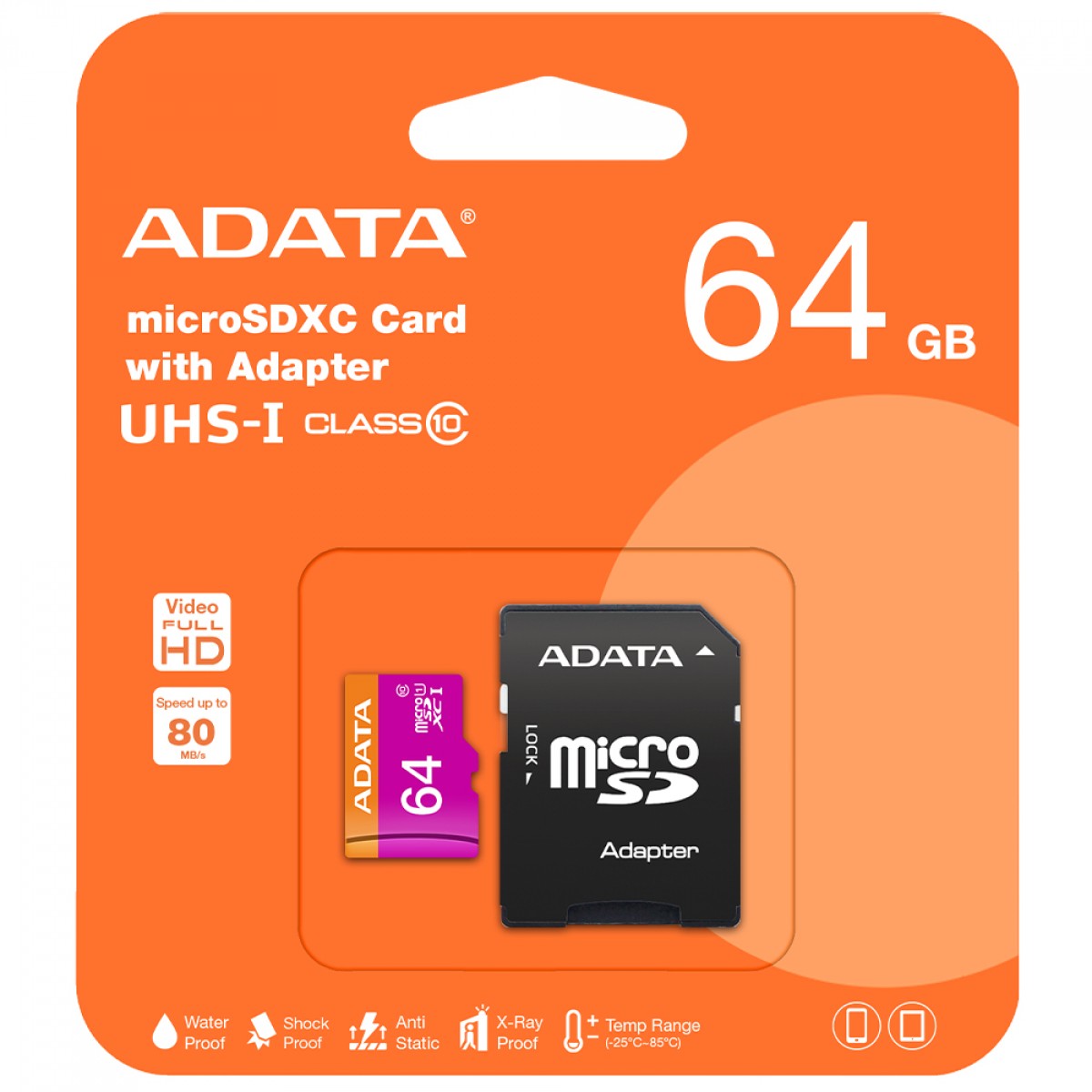 Cartão De Memória Adata Premier MicroSDXC/SDHC UHS-I, 64GB, Classe 10, Com Adaptador, AUSDX64GUICL10-RA1