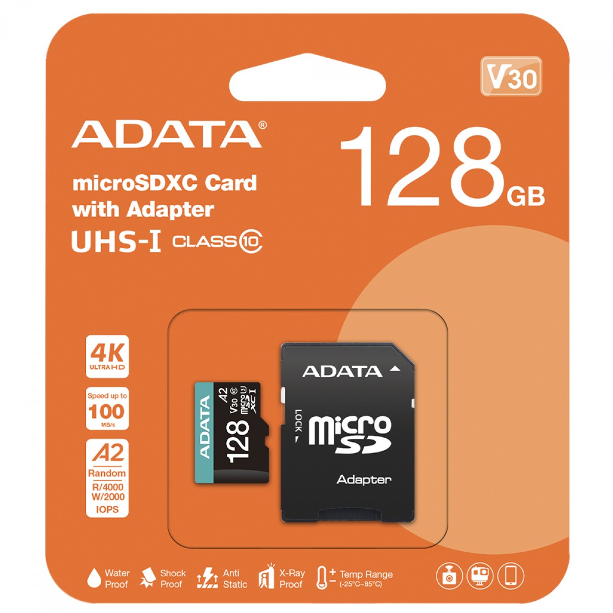 Cartão De Memória Adata Premier Pro MicroSDXC/SDHC UHS-I, 128GB, Classe 10, Com Adaptador, AUSDX128GUI3V30SA2-RA1