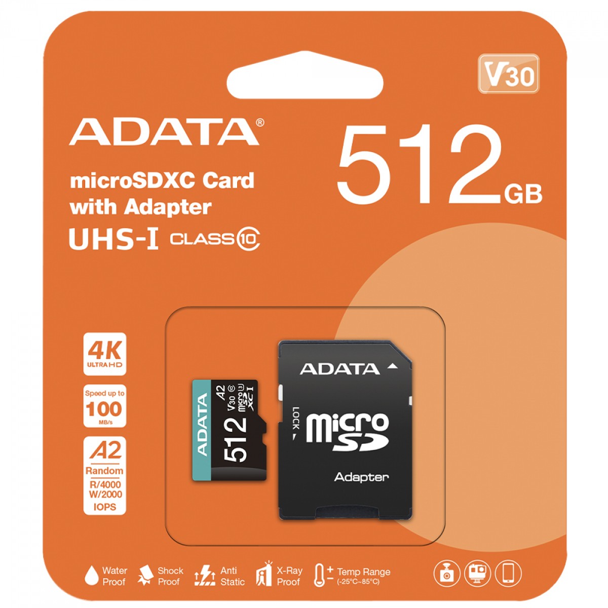 Cartão De Memória Adata Premier Pro MicroSDXC/SDHC UHS-I, 512GB, Classe 10, Com Adaptador, AUSDX512GUI3V30SA2-RA1