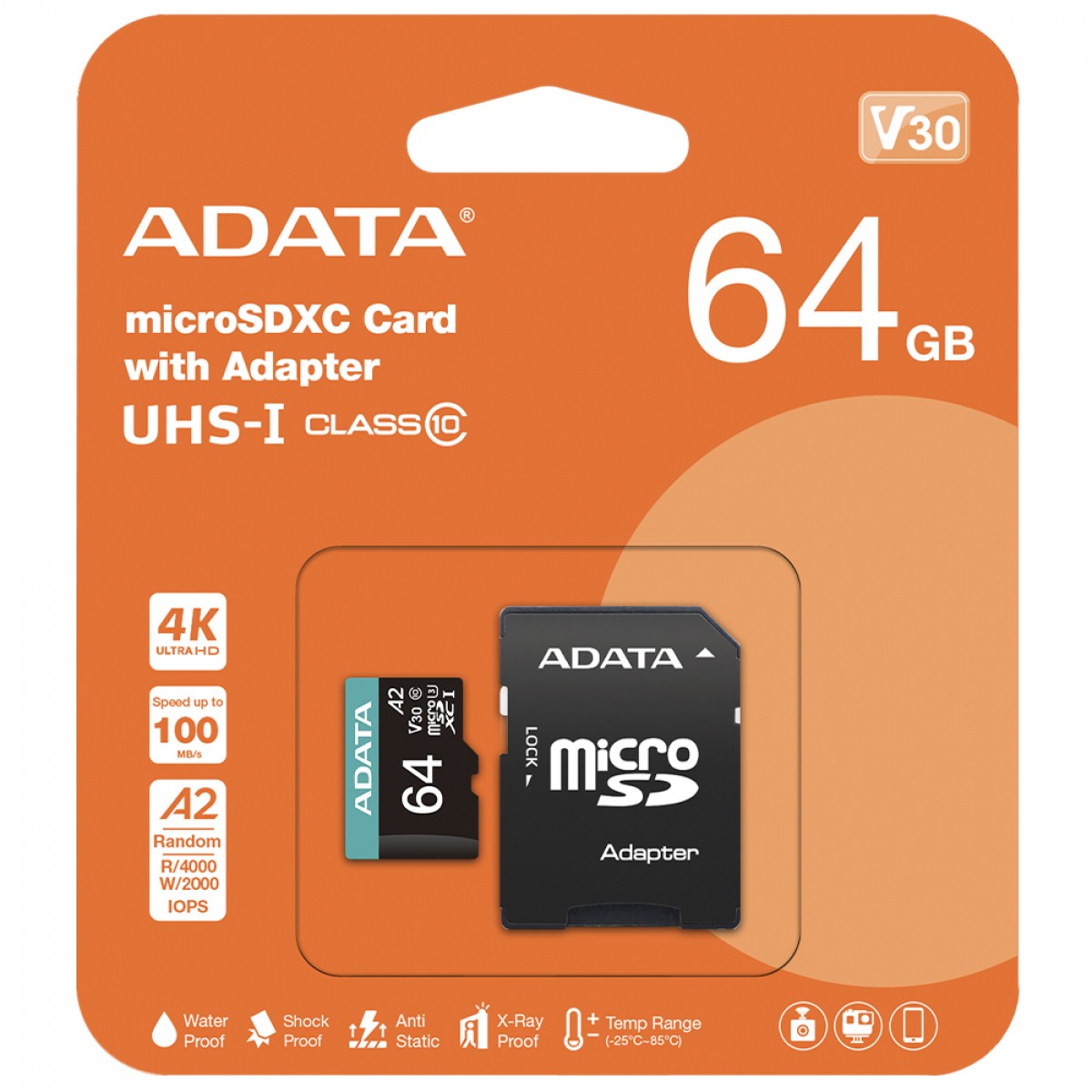 Cartão De Memória Adata Premier Pro MicroSDXC/SDHC UHS-I, 64GB, Classe 10, Com Adaptador, AUSDX64GUI3V30SA2-RA1