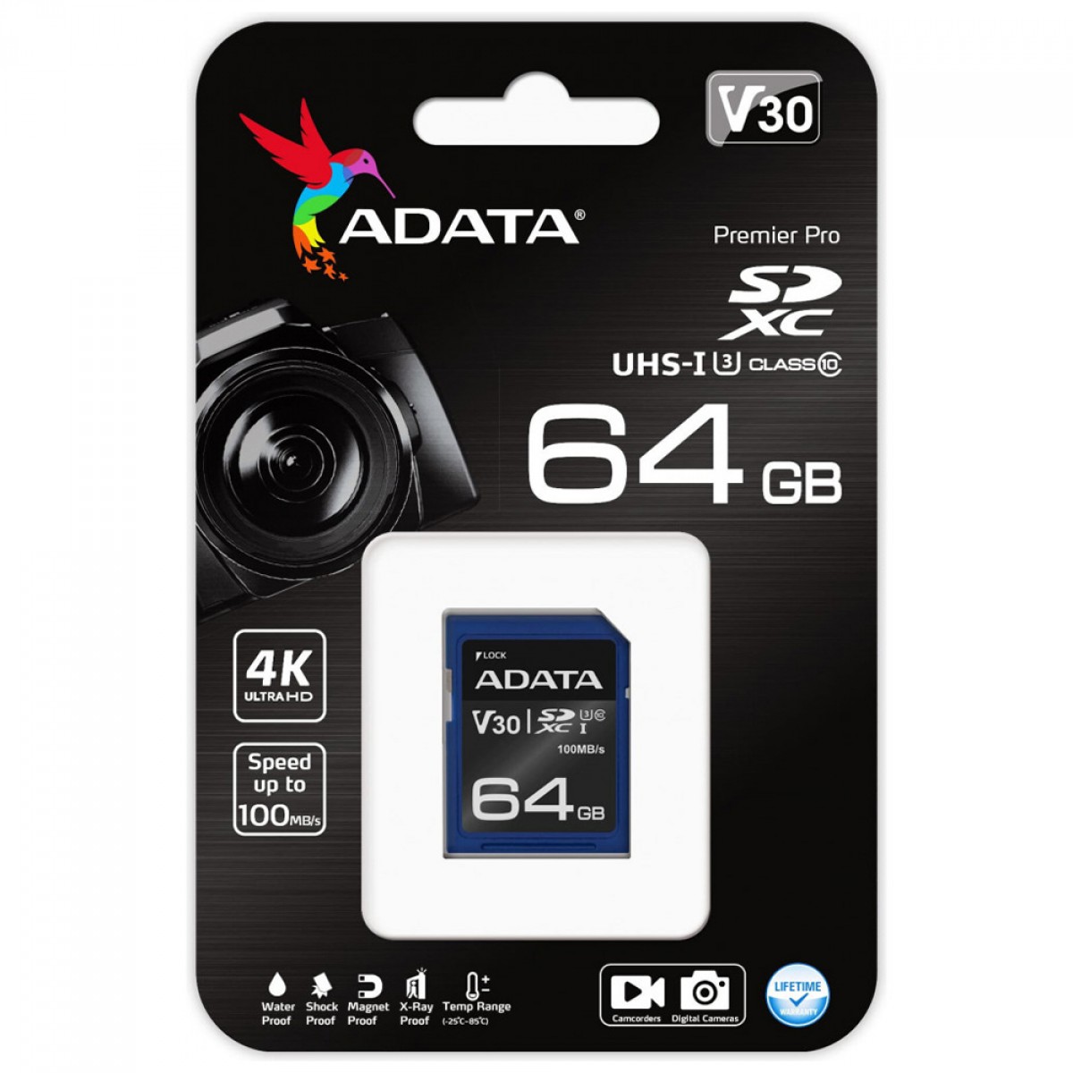 Cartão De Memória Adata Premier Pro SDXC UHS-I, 64GB, Classe 10, ASDX64GUI3V30S-R