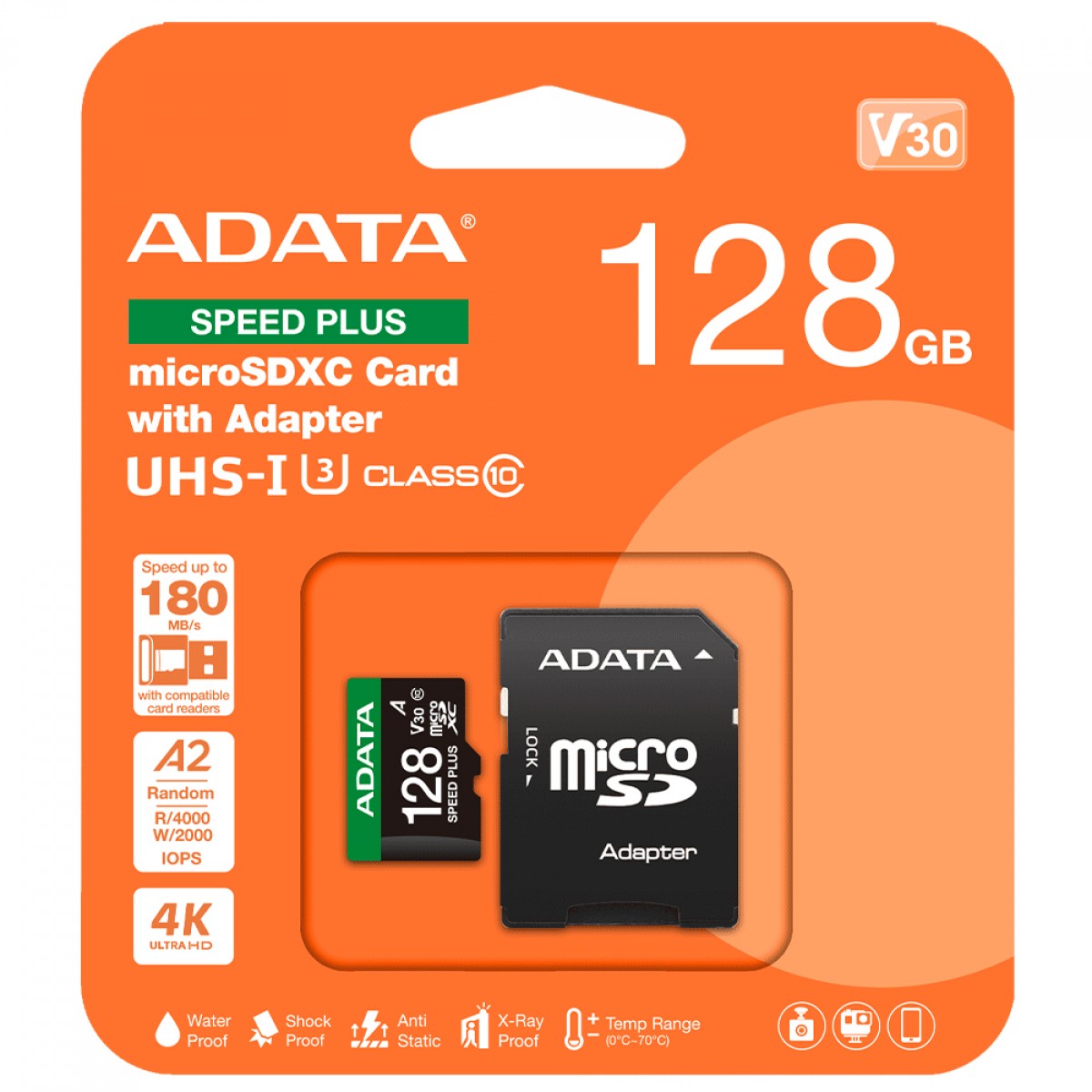 Cartão De Memória Adata Speed Plus MicroSDXC UHS-I, 128GB, Classe 10, Com Adaptador, UD128GUI3V30A2SP-RA1