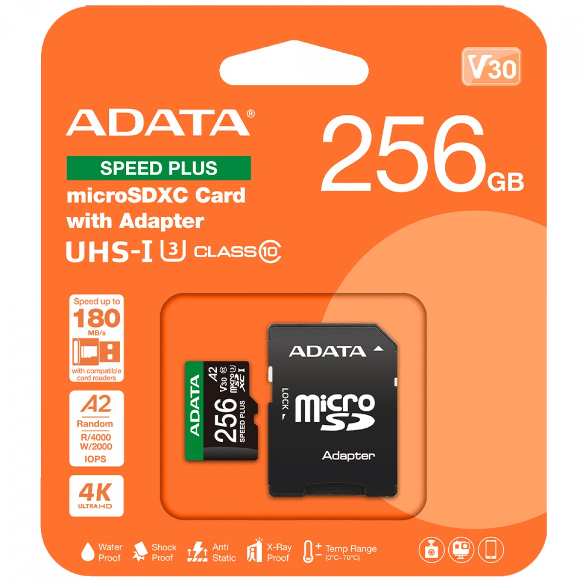 Cartão De Memória Adata Speed Plus MicroSDXC UHS-I, 256GB, Classe 10, Com Adaptador, UD256GUI3V30A2SP-RA1