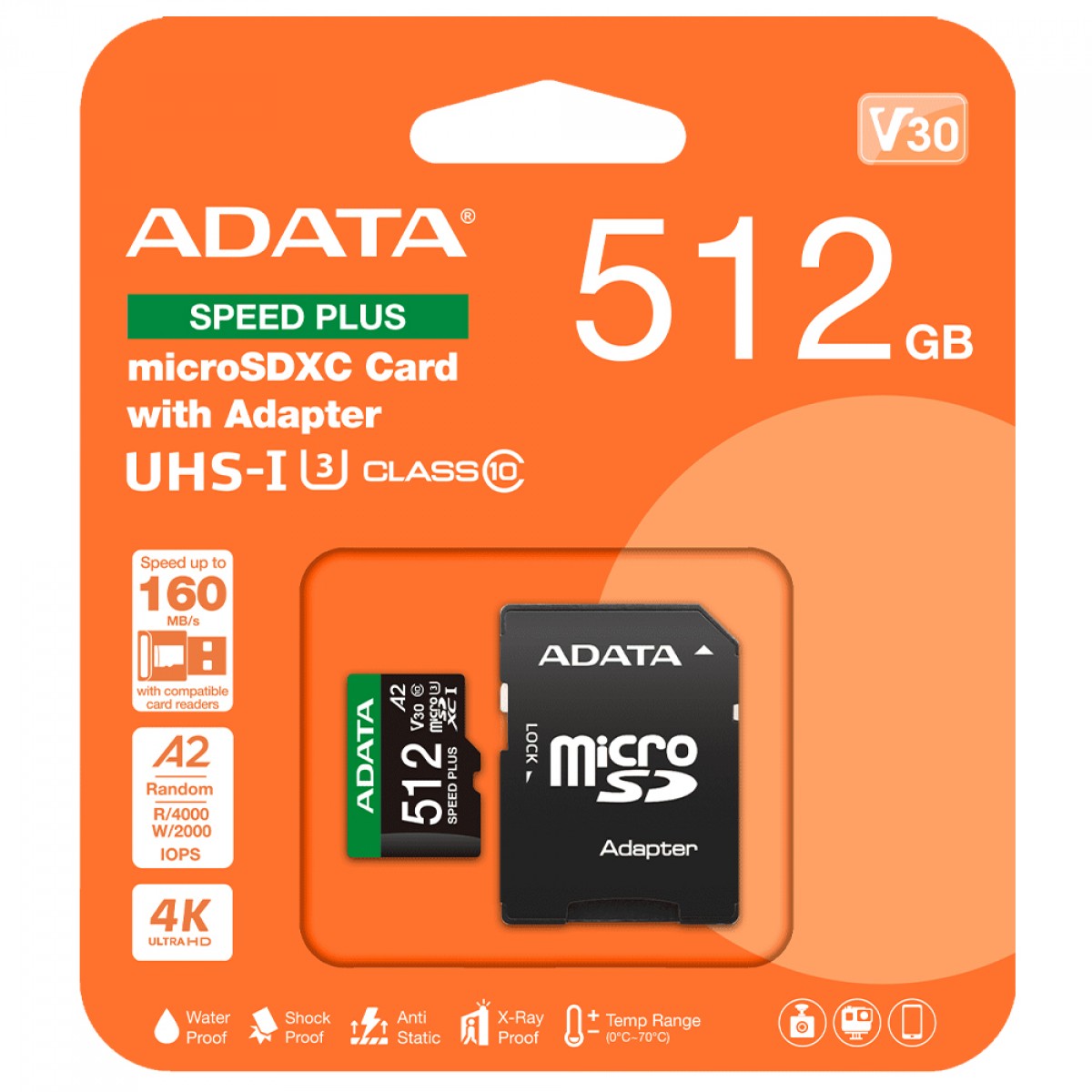 Cartão De Memória Adata Speed Plus MicroSDXC UHS-I, 512GB, Classe 10, Com Adaptador, UD512GUI3V30A2SP-RA1