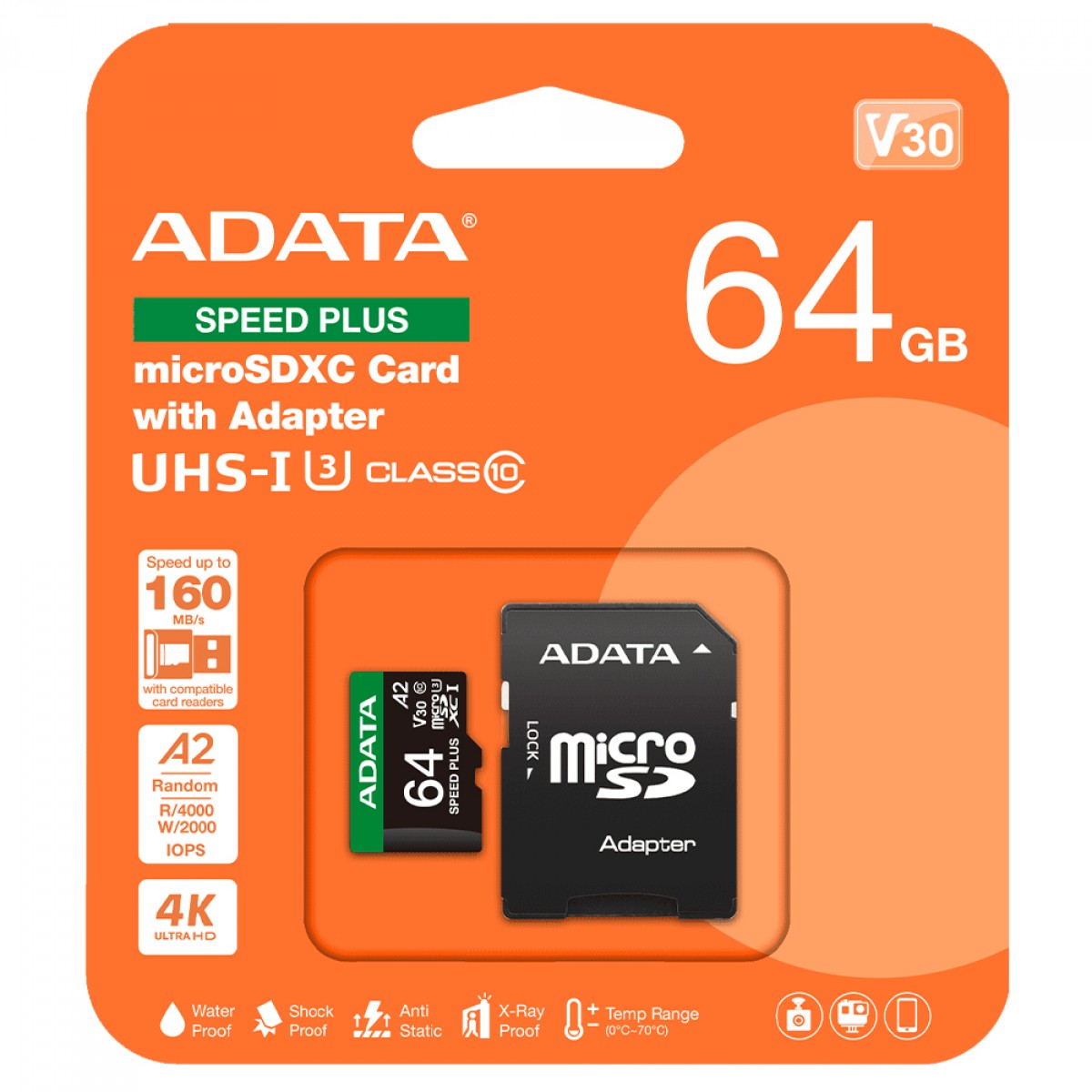 Cartão De Memória Adata Speed Plus MicroSDXC UHS-I, 64GB, Classe 10, Com Adaptador, UD64GUI3V30A2SP-RA1