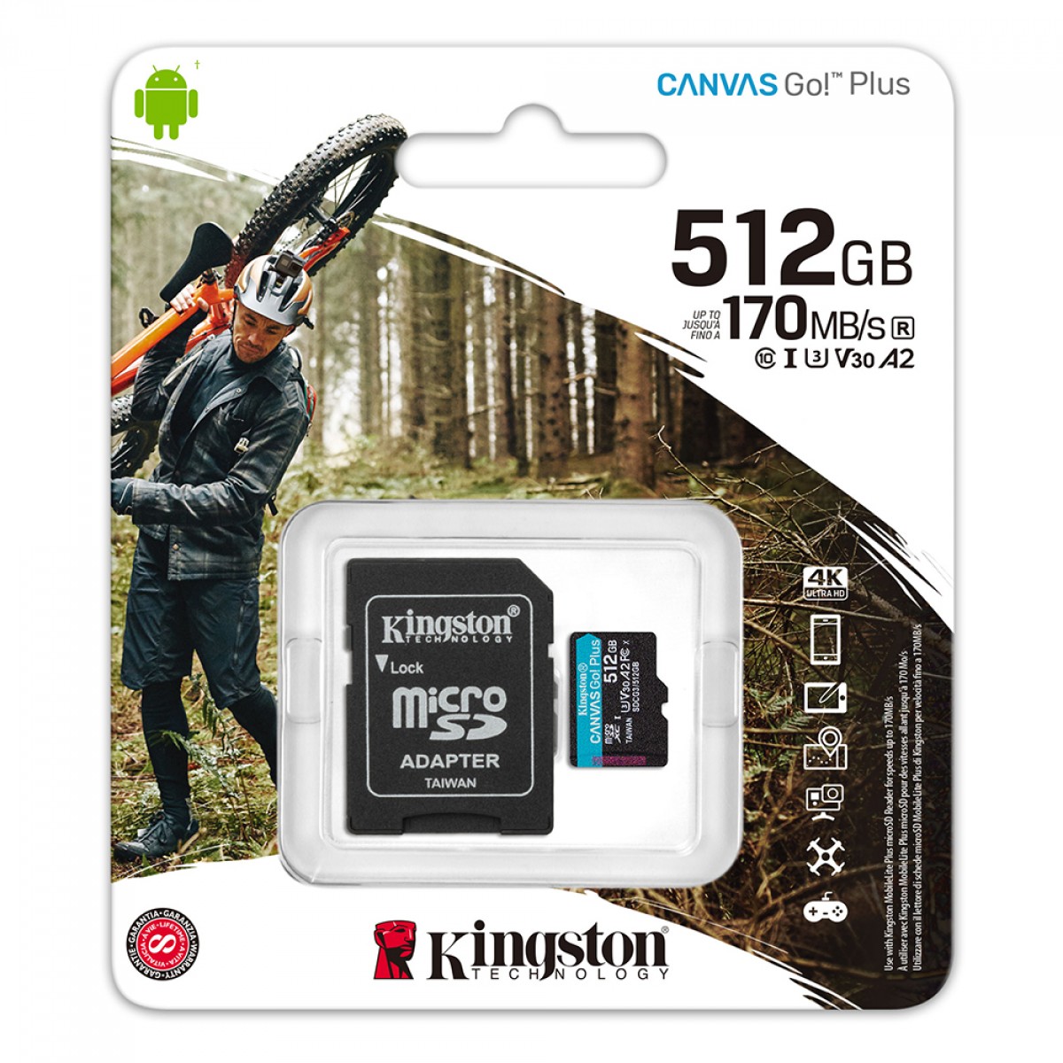 Cartão de Memória Kingston Canvas Go Plus, MicroSD 512GB, Com Adaptador, SDCG3/512GB