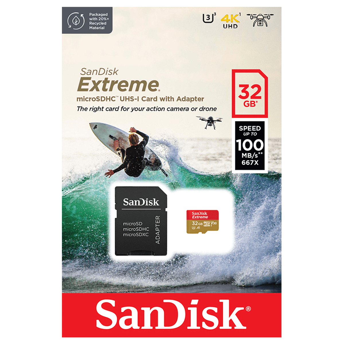 Cartão De Memória SanDisk Extreme MicroSDXC UHS-I, 32GB, 100MBs, Class 10, Com Adaptador, SDSQXAF-032G-GN